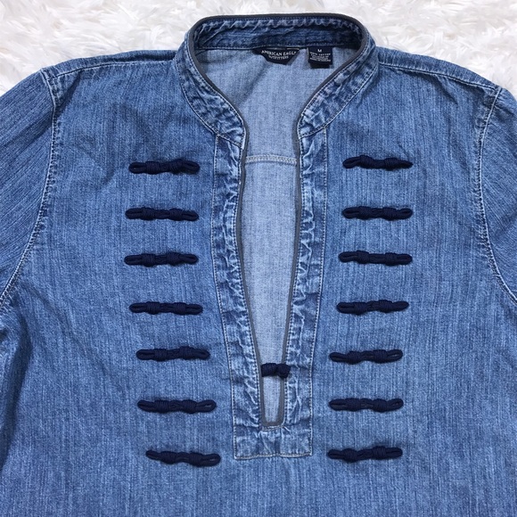 AEO Denim Popover Top Knot Bows Deep V-Neck Boho - Picture 2 of 4